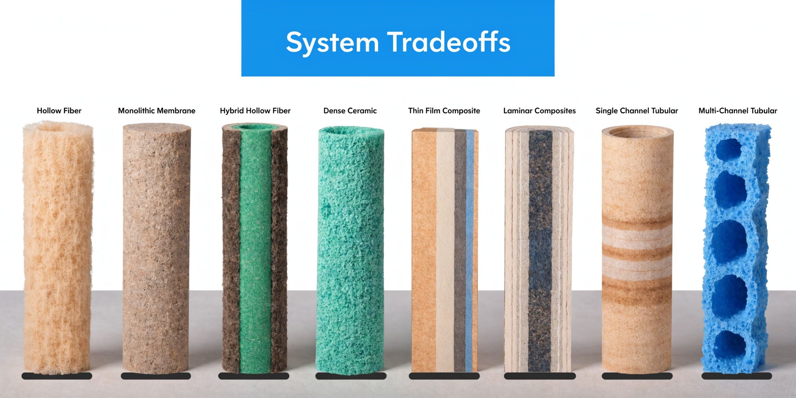 A lineup of various industrial membrane water filtration system types displayed as cross-section column samples.
