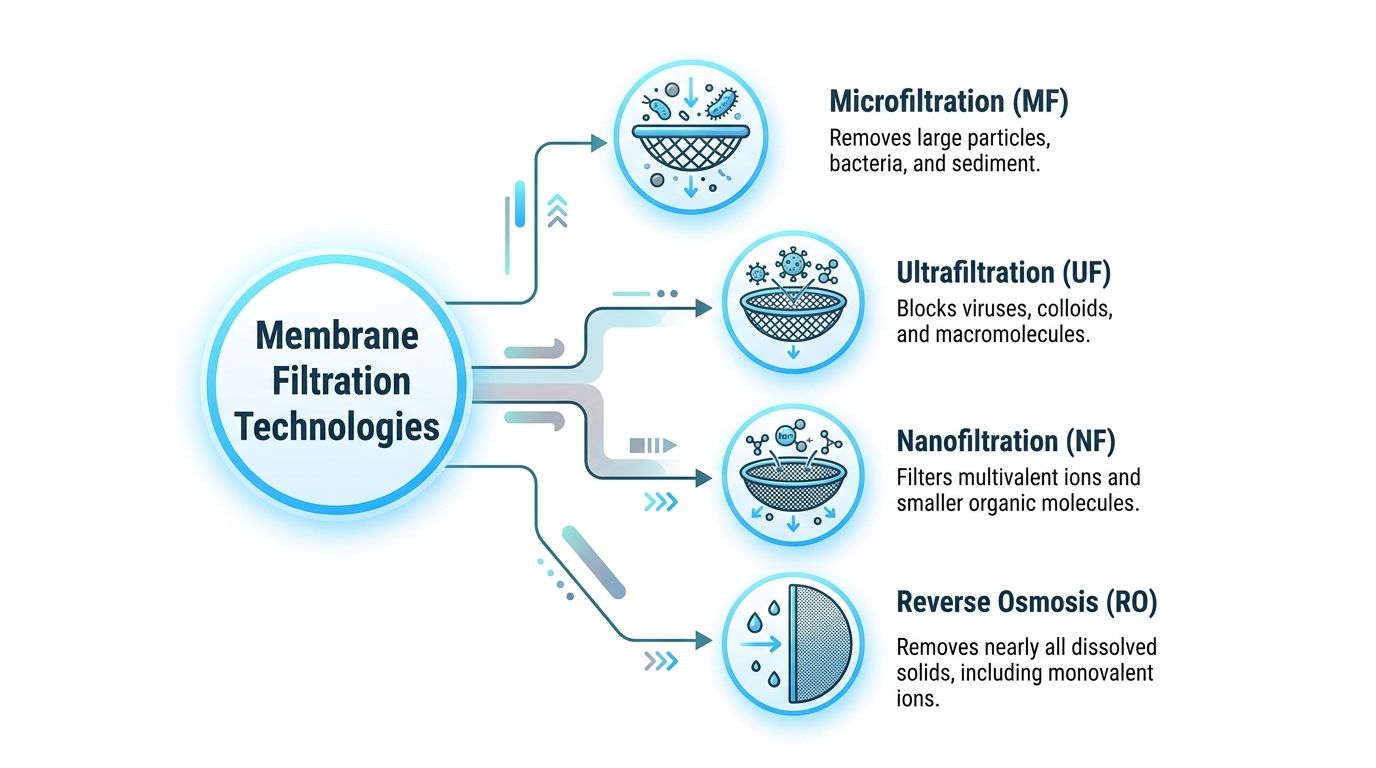 A diagram comparing four membrane water filtration technologies: Microfiltration, Ultrafiltration, Nanofiltration, and Reverse Osmosis.