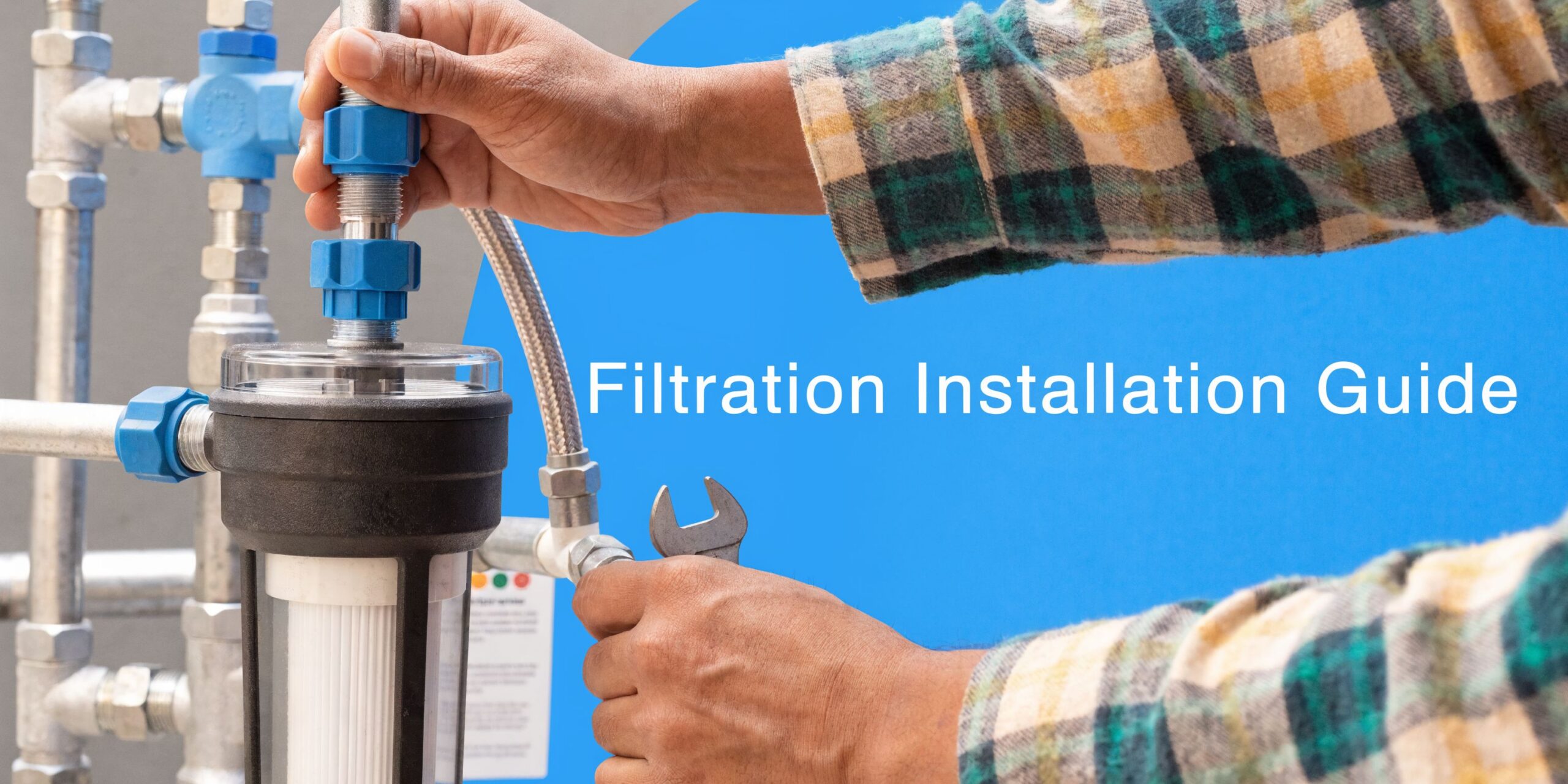 A professional technician wearing a plaid shirt installs a water filtration system unit with a metal wrench.