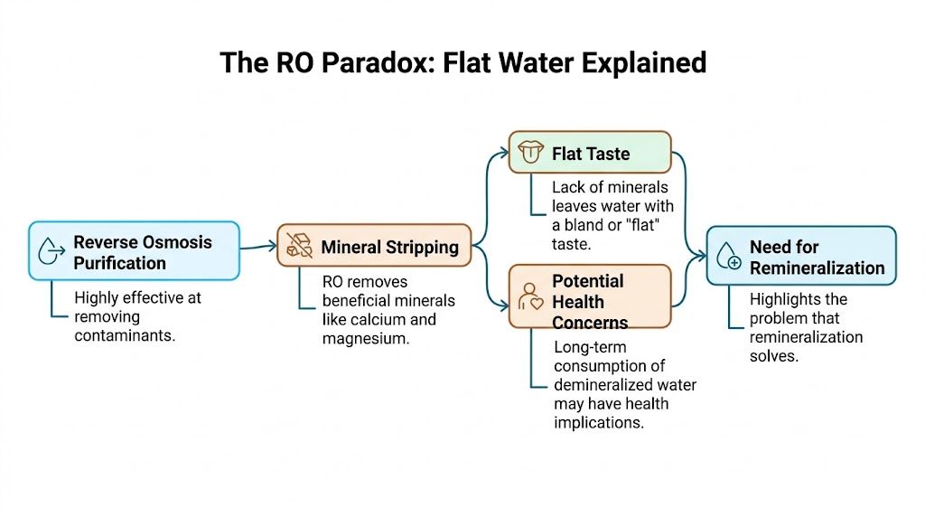 A flowchart explaining the RO paradox: how reverse osmosis purification removes essential minerals leading to flat-tasting water.