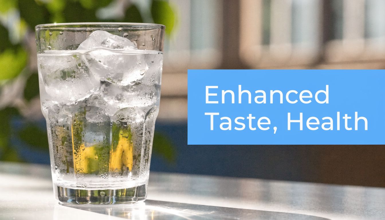 A refreshing glass of cold water with ice cubes sits on a surface near green foliage.