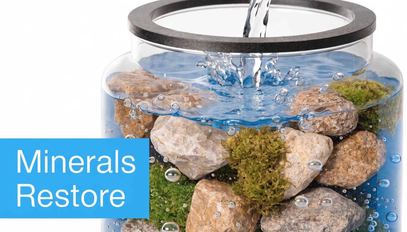 Water being poured into a clear jar filled with natural rocks and moss to represent mineralization.