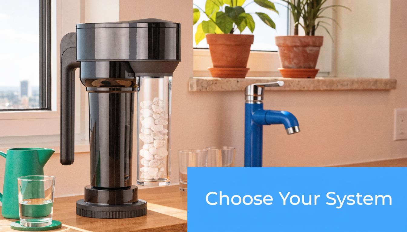 A modern black countertop water filtration system with a mineral infusion chamber next to a blue faucet.