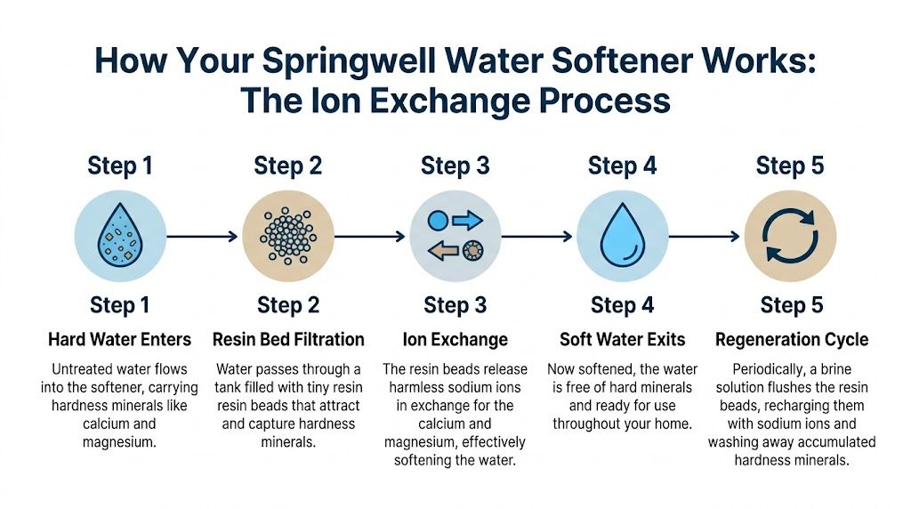 A five-step infographic explaining how the Springwell water softener ion exchange process works for home water treatment.