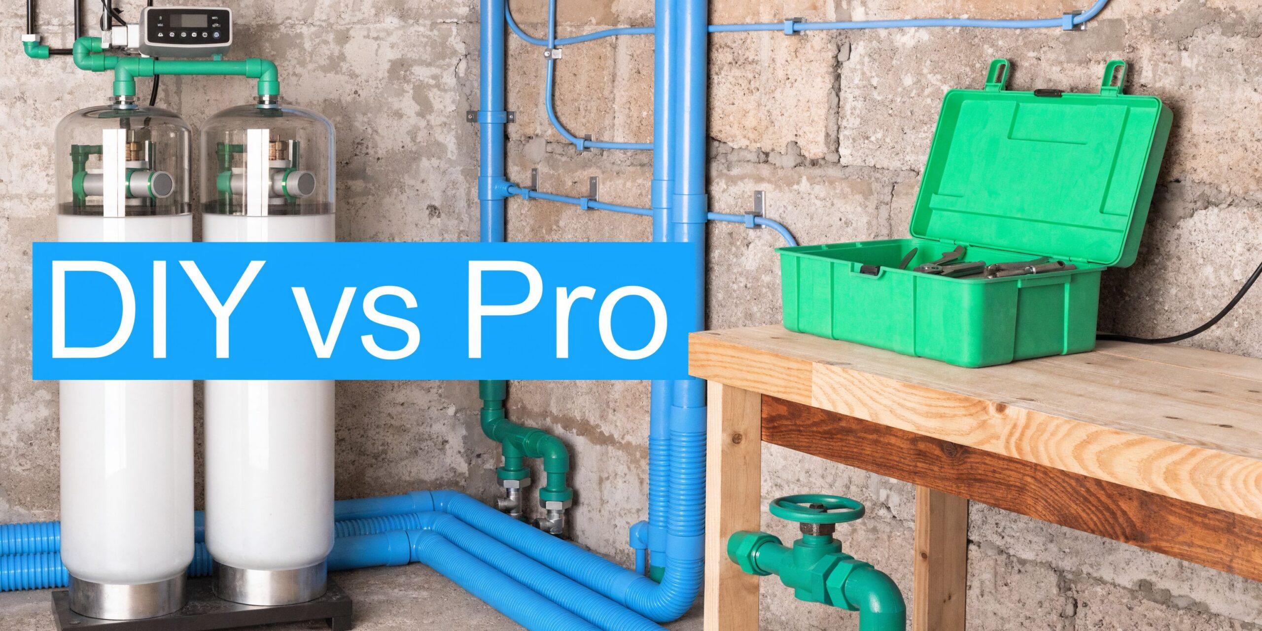 A professional springwell water softener system installed against a brick wall next to a wooden workbench