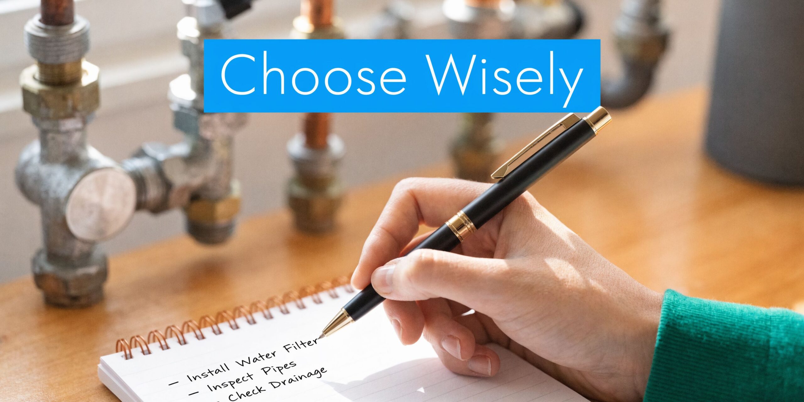 A person writing a checklist about home plumbing maintenance while sitting by exposed water pipes.