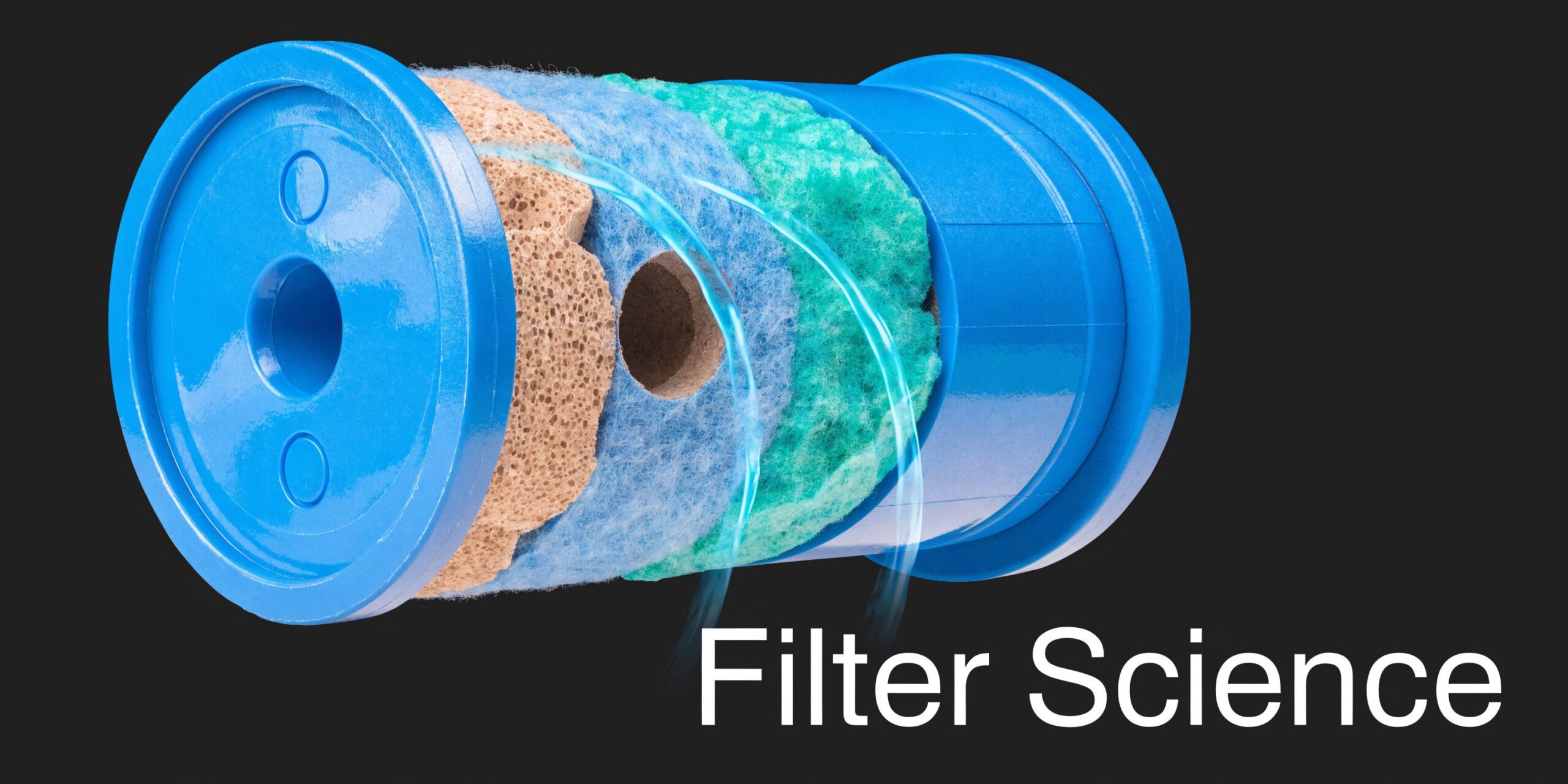 A cutaway view of a multi-stage water filter cartridge demonstrating its layered filtration technology against a black background.