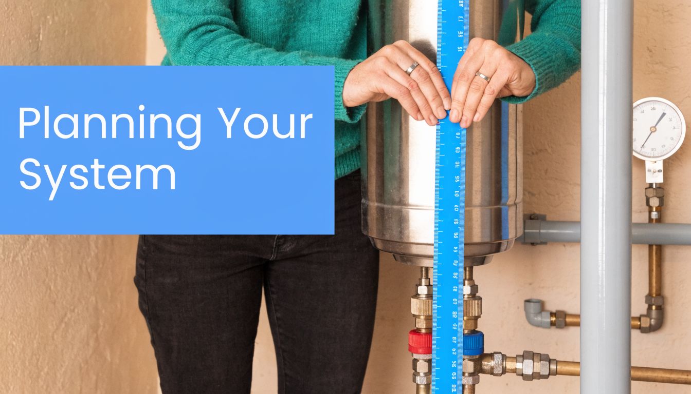 A person measures a vertical stainless steel water treatment tank with a blue ruler for system planning.