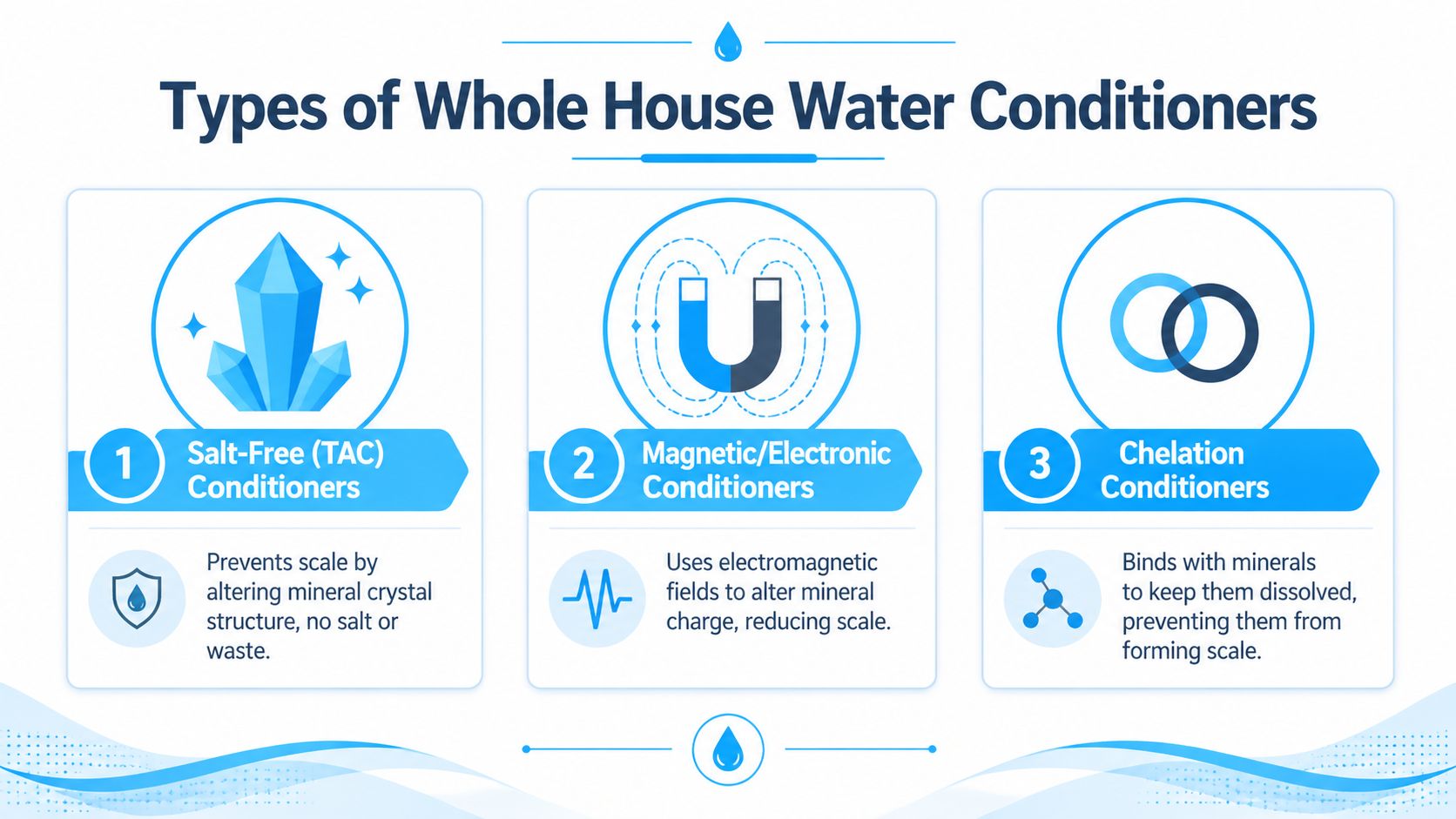 An infographic showing three different types of whole house water conditioners, including salt-free, magnetic, and chelation options.