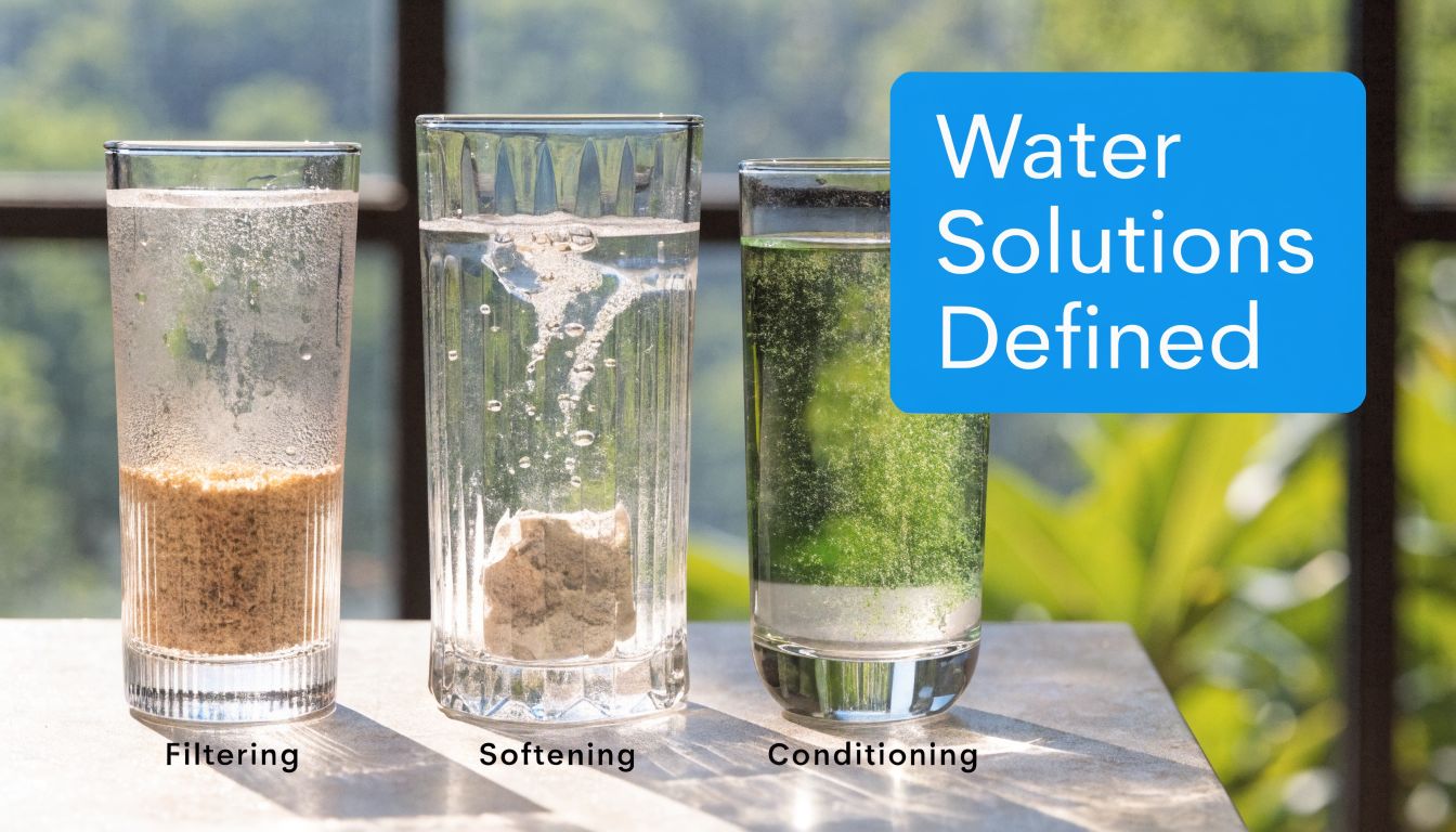 Three glasses showing water treatment concepts labelled as Filtering with sand, Softening with minerals, and Conditioning with algae.