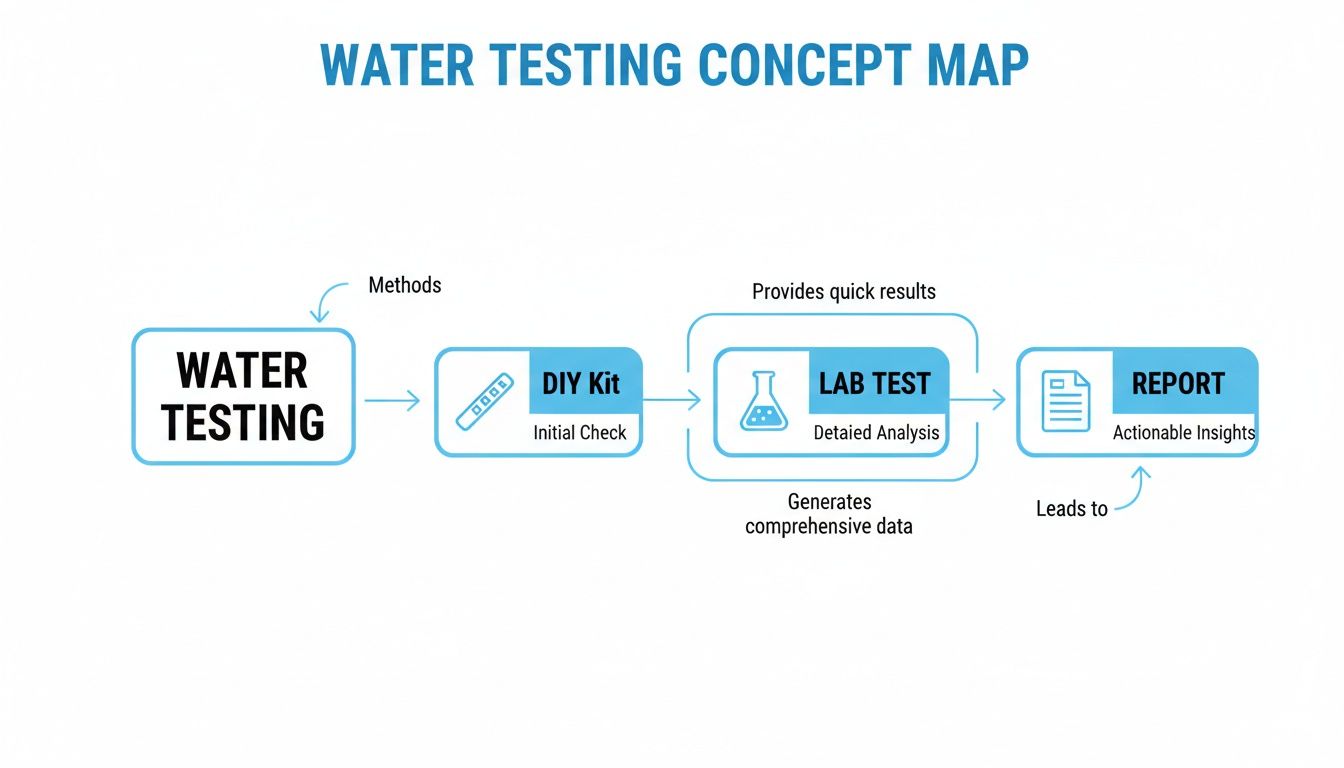 A water testing concept map illustrating DIY kit initial checks, detailed lab analysis, and actionable reports.
