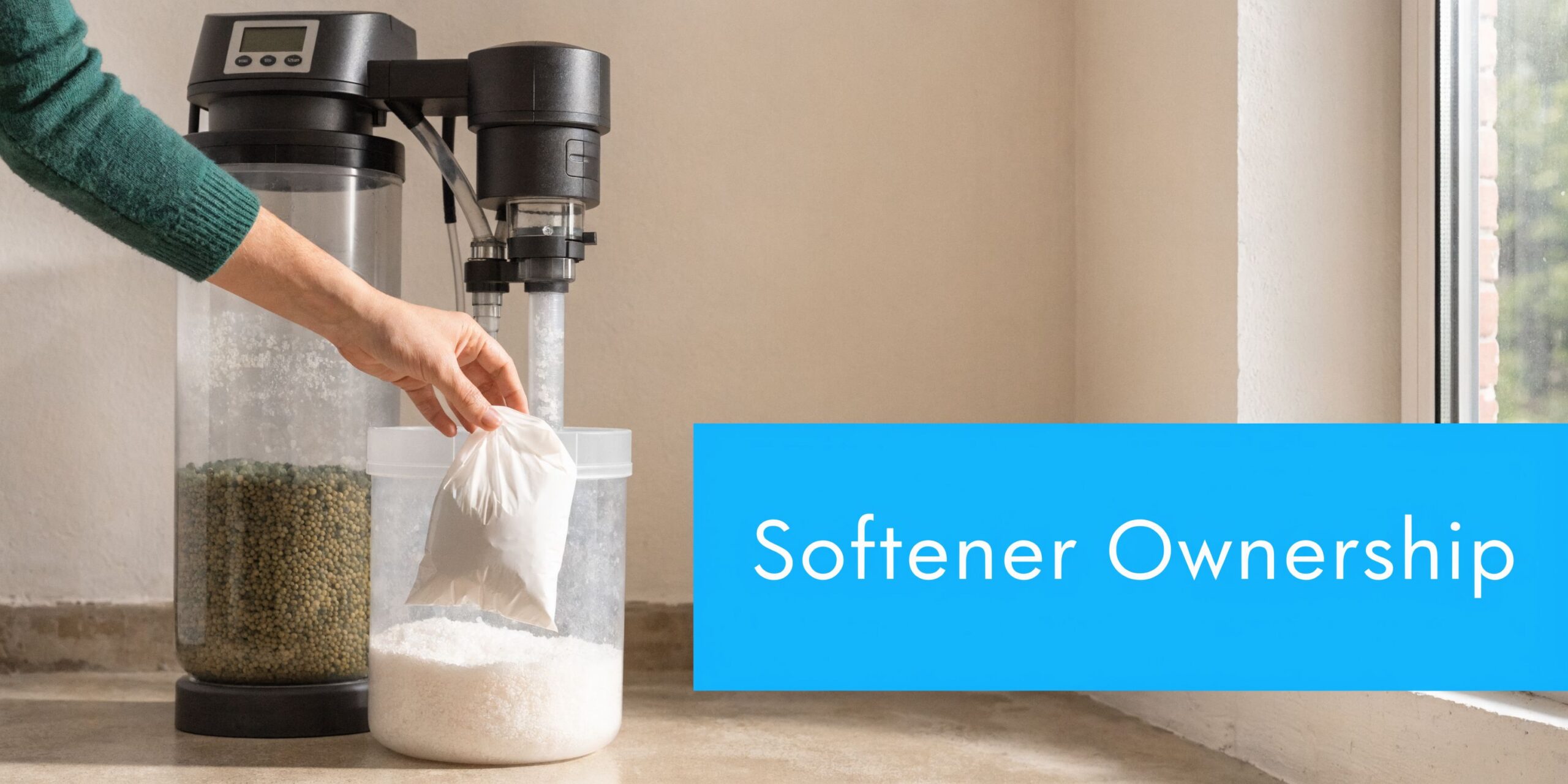 A person pouring salt pellets into a white plastic container connected to a water softener system.