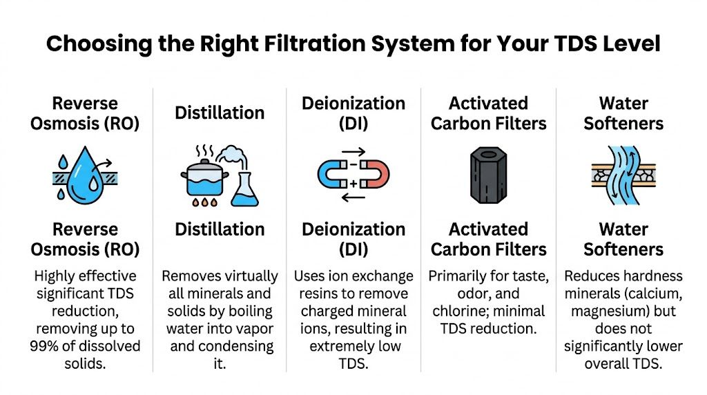 A chart illustrating five water filtration methods and their effectiveness in reducing total dissolved solids levels.