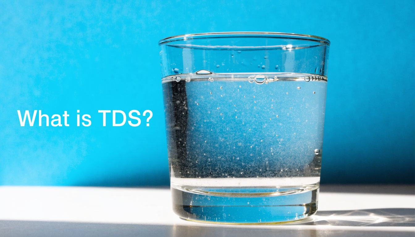 A clear glass filled with water against a bright blue background with the text What is TDS.