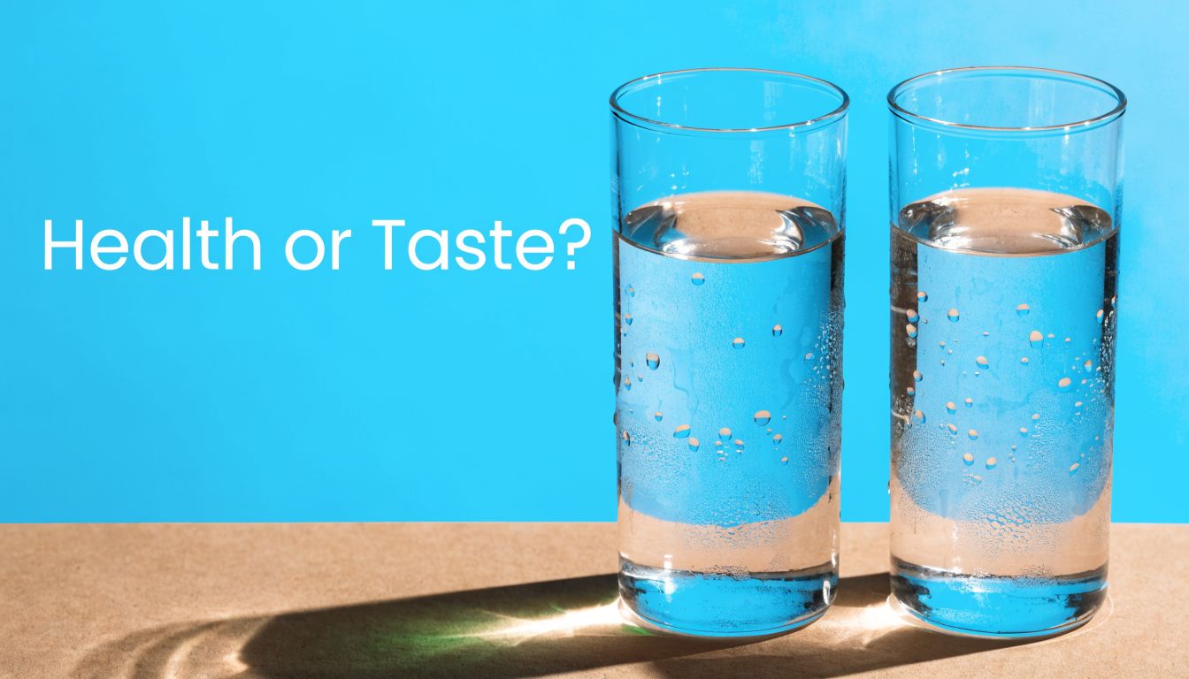 Two clear glasses of water sitting on a table against a vibrant blue background with text overlay.
