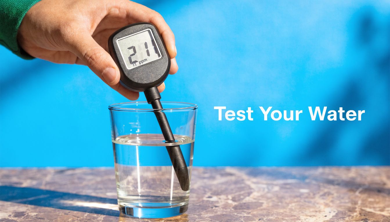 A hand holds a digital TDS meter testing the water quality in a clear glass of water.