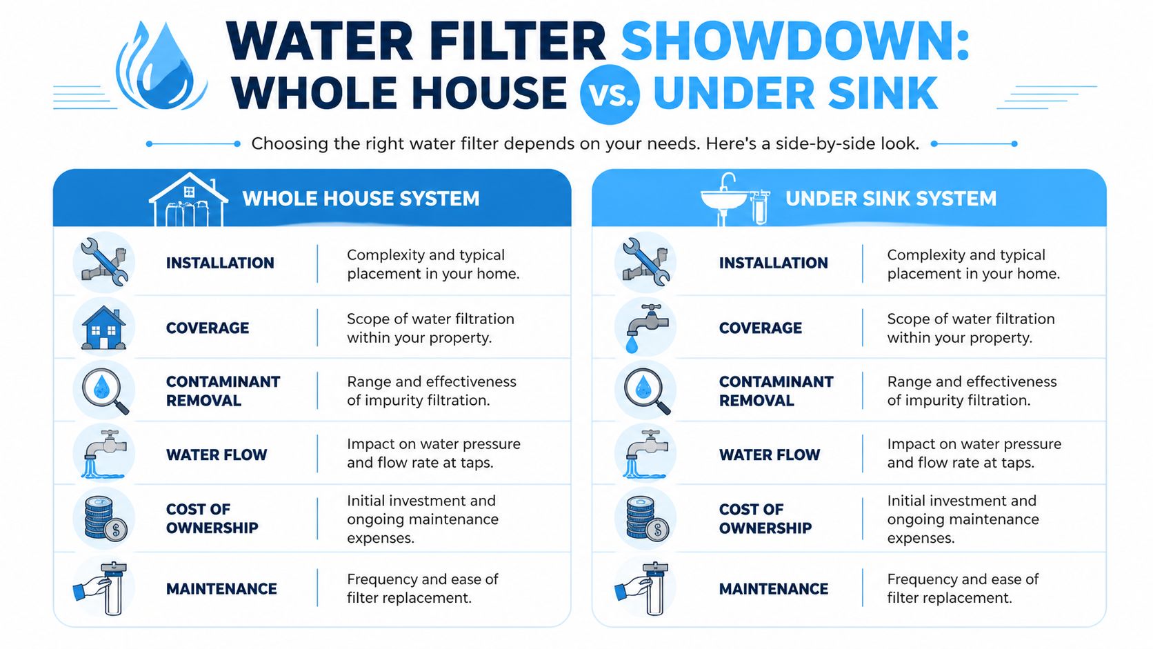 A comparison infographic between whole house and under sink water filtration systems highlighting key decision factors.