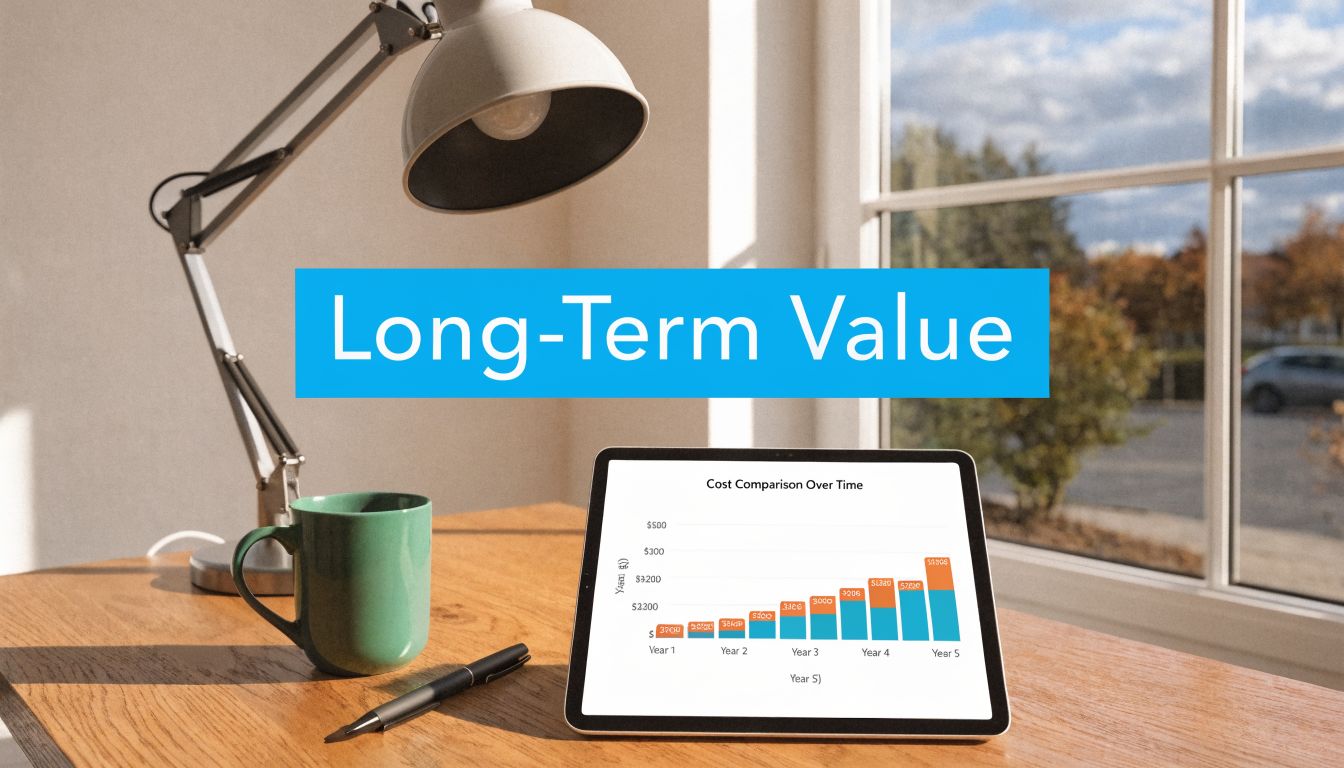 A tablet displays a bar chart illustrating cost comparisons over time on a wooden desk.