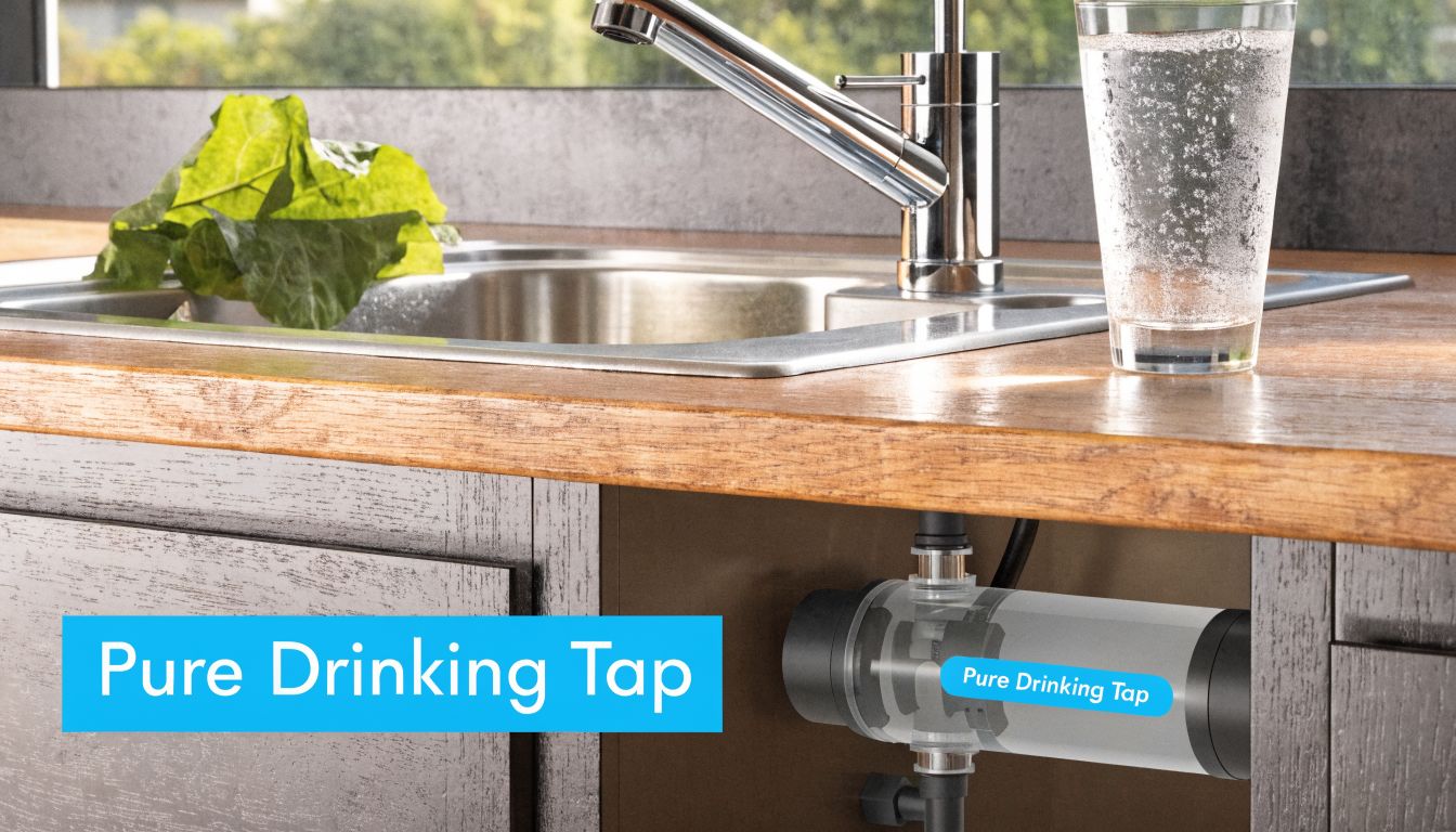 A modern kitchen sink with an installed under-sink water filtration system and a glass of water.