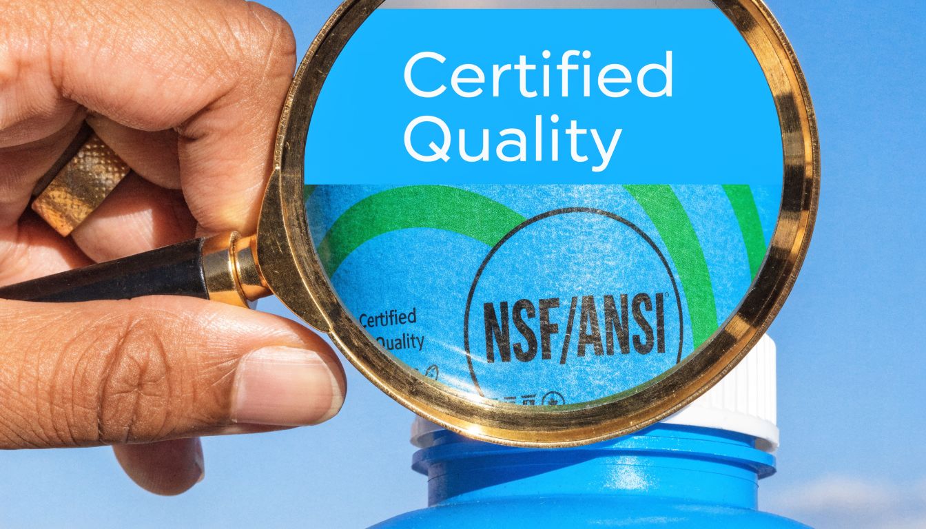 A hand holding a magnifying glass over a blue bottle with an NSF/ANSI certified quality seal.