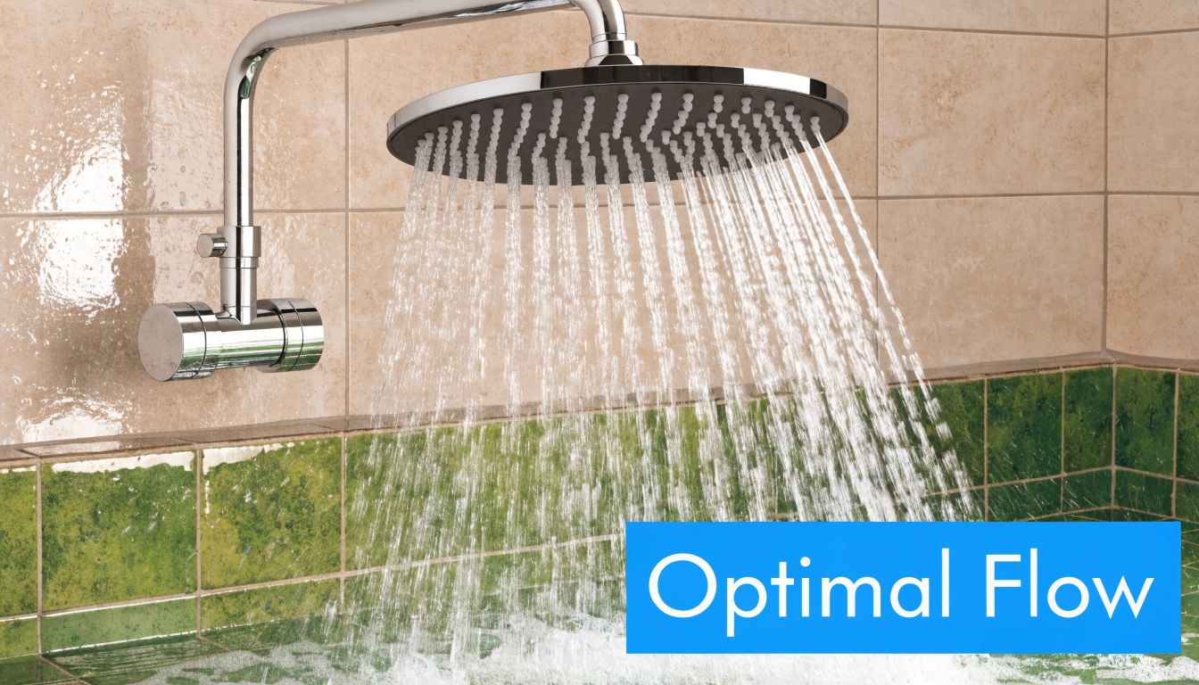 A modern chrome shower head spraying water against a wall with tan and green tiled surfaces.