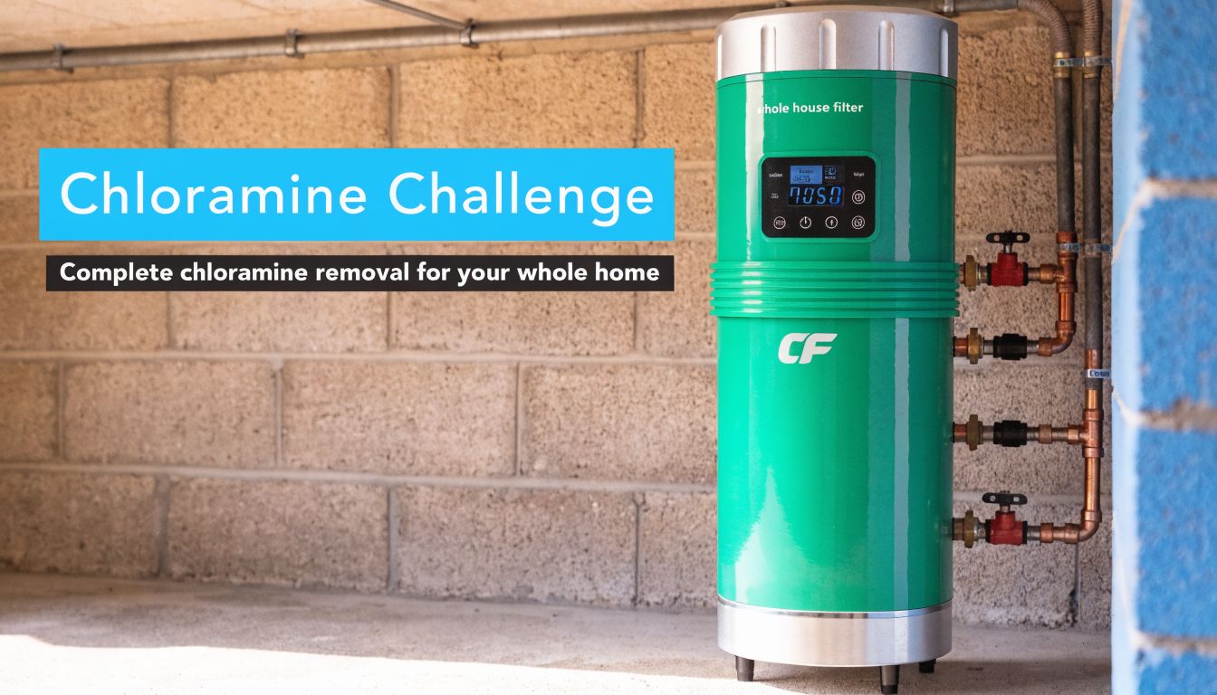 A green whole house water filter system installed in a basement for chloramine and chlorine removal.