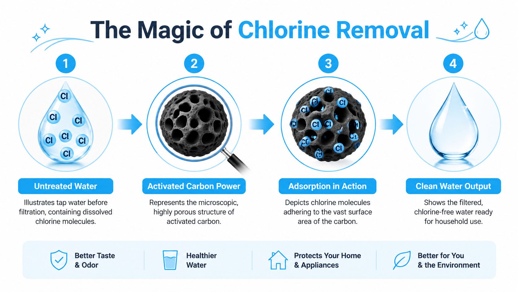 A four-step infographic illustrating the process of chlorine removal from tap water using activated carbon filtration.