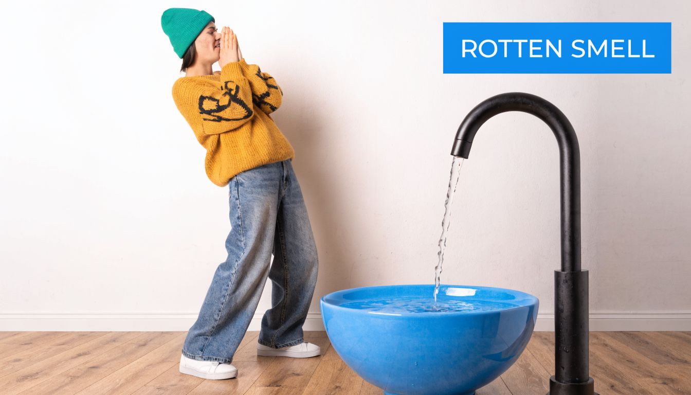 A young woman wearing a beanie reacts to a foul odor while standing next to a sink.