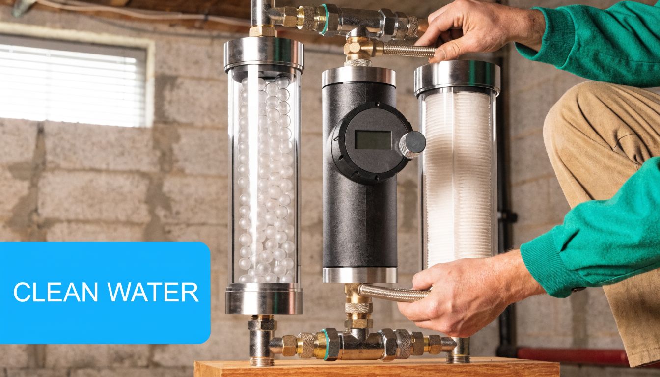 A technician performing maintenance on a whole house water filtration system in a basement setting.
