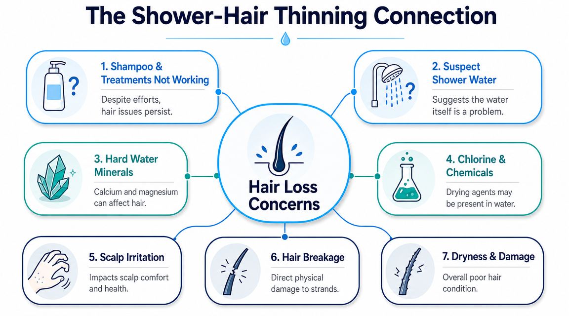 A diagram illustrating the connection between shower water quality and common hair loss and thinning concerns.