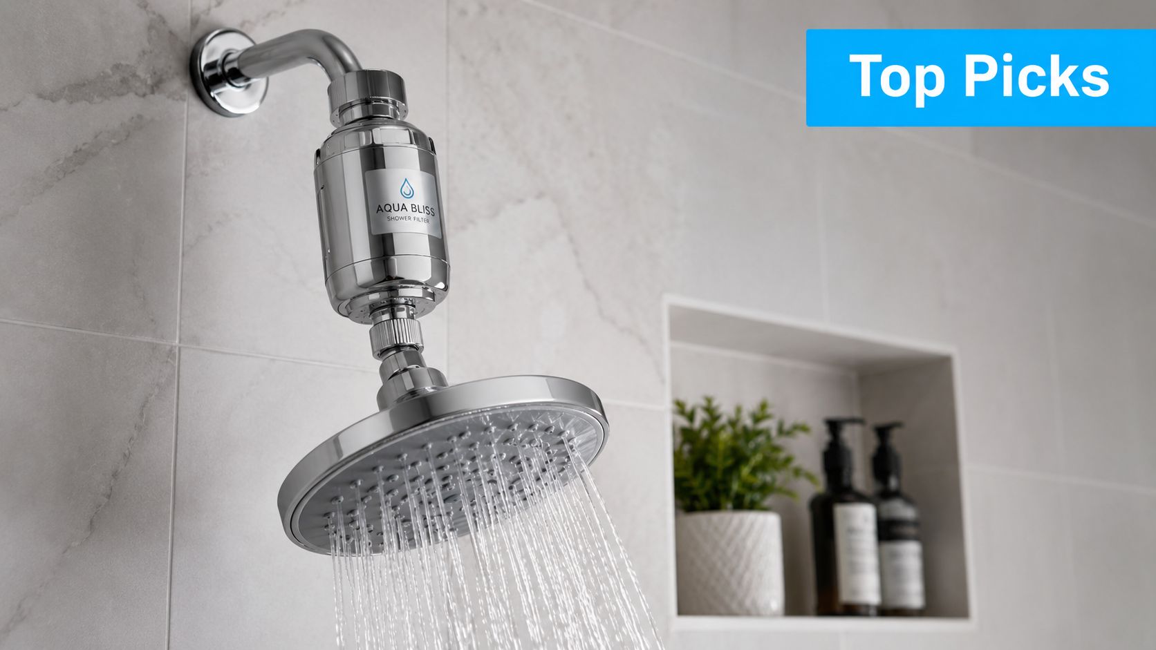 A chrome AquaBliss shower head filter installed in a modern bathroom with water running through it.