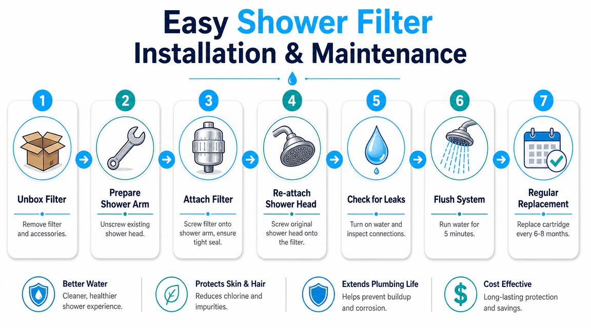 A step-by-step infographic illustrating the installation and maintenance process for an easy home shower filter system.