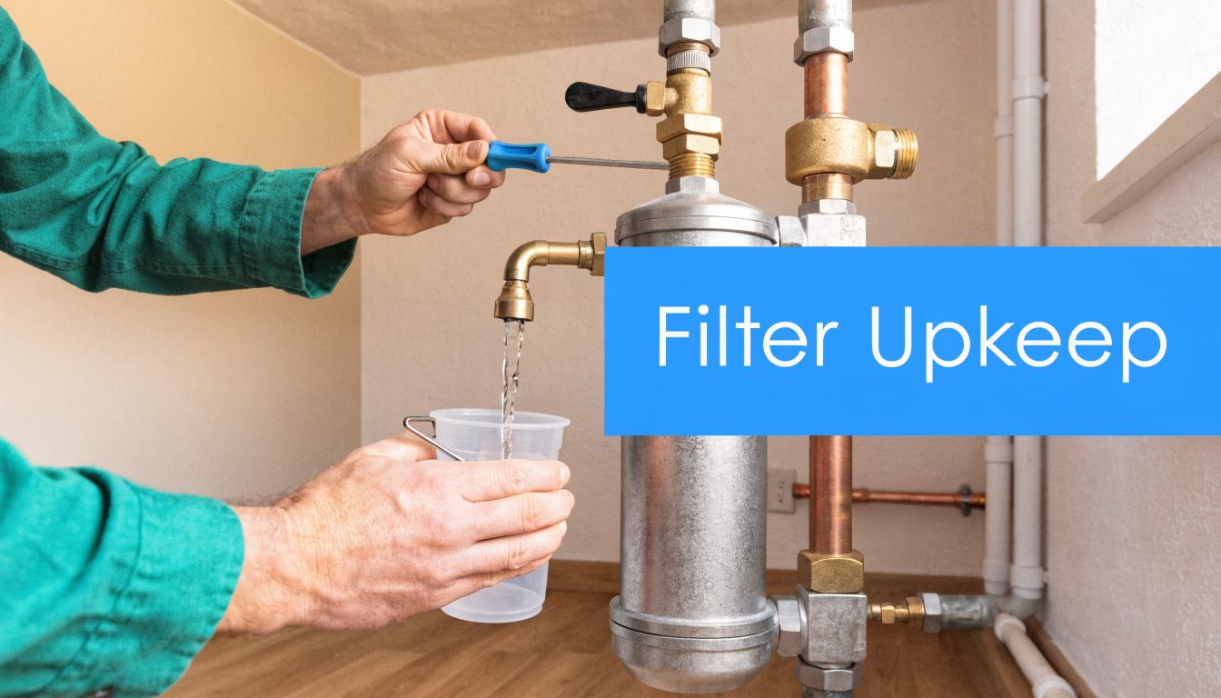 A professional maintenance person performs upkeep on a metal water filter system connected to plumbing pipes.