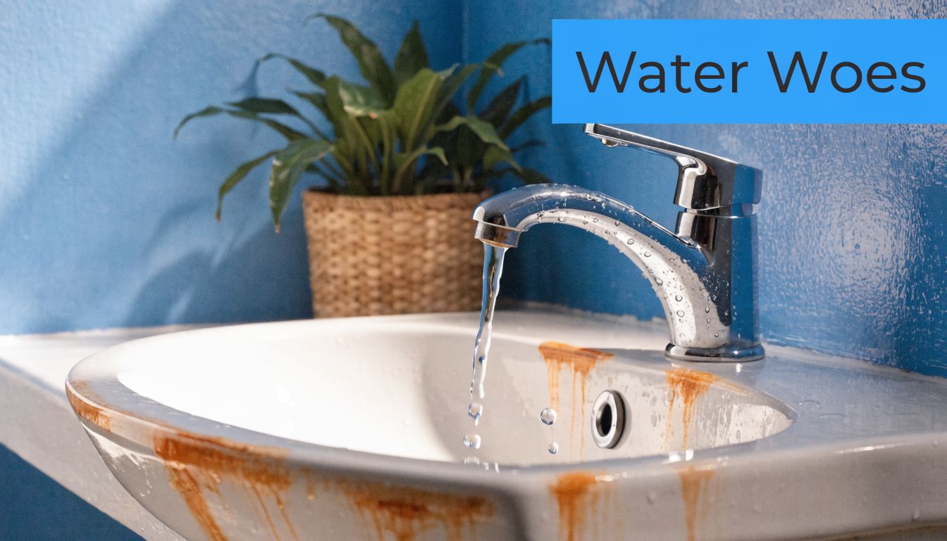 A bathroom sink stained with rust showing water flowing from a metal faucet against blue walls.