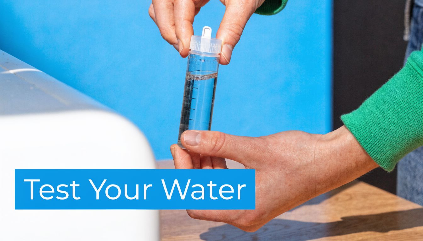 A person holding a clear sample vial filled with liquid for water quality testing purposes.
