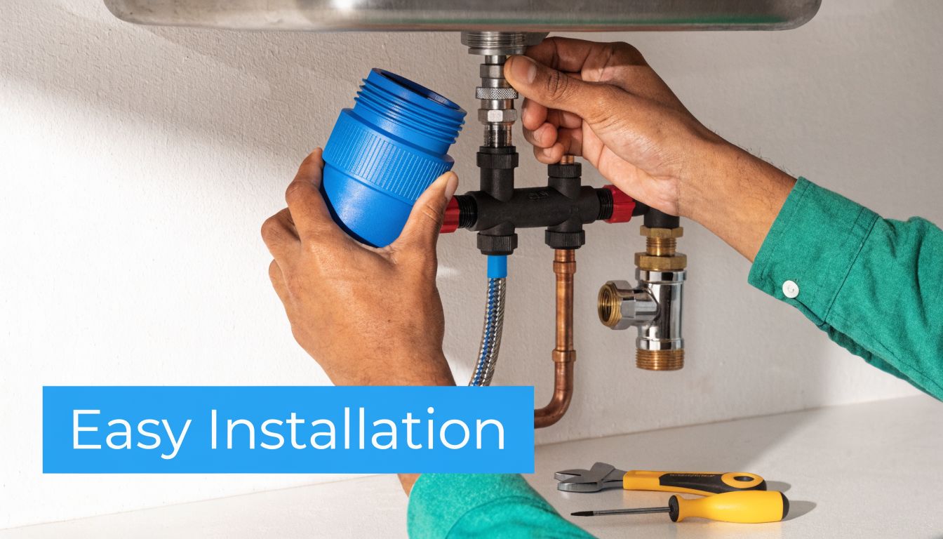 A close-up view of a person installing a Brondell water filter system under a kitchen sink.