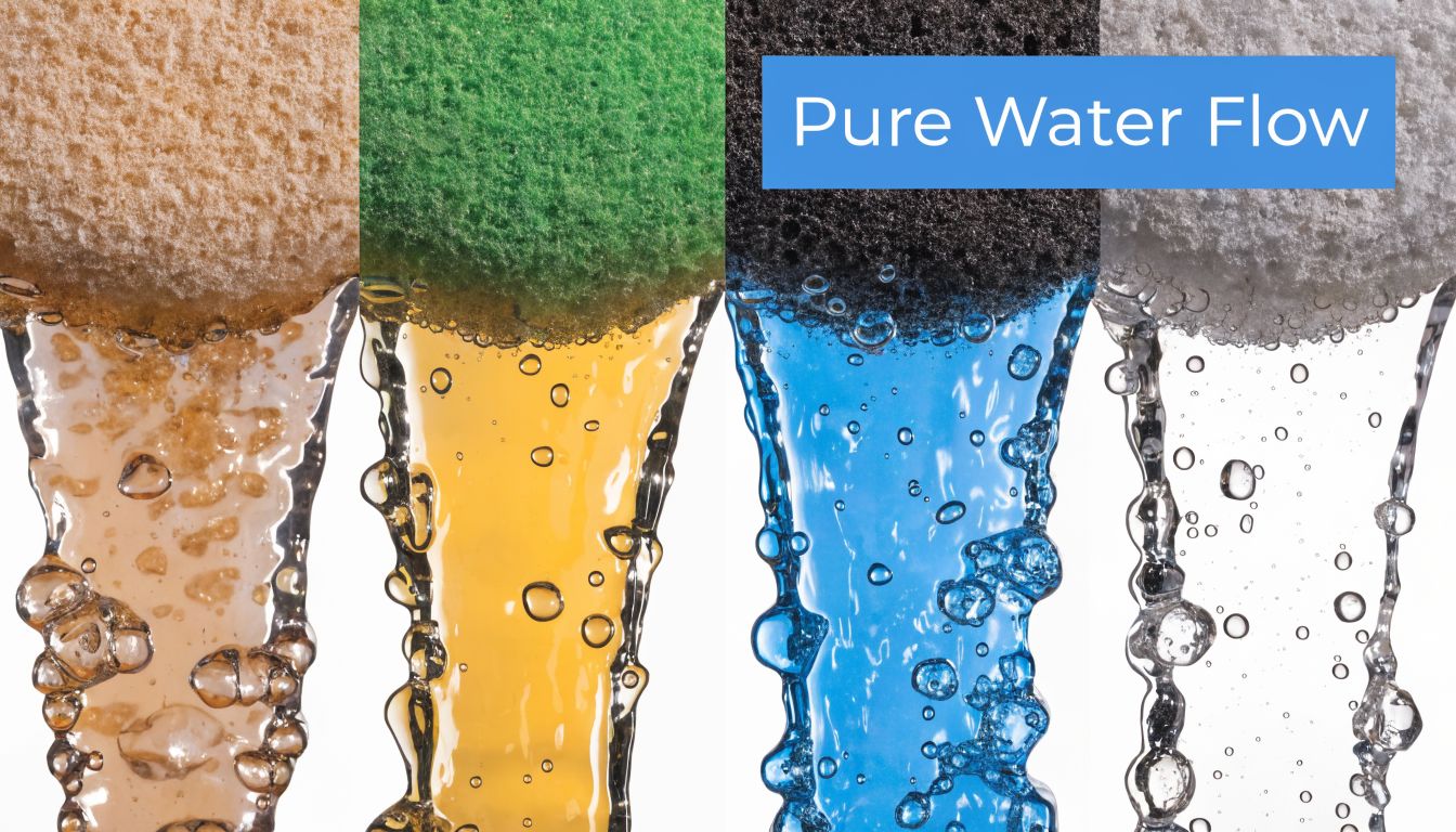 Four different sponges pouring colored water liquids representing filtration stages in a water purification system.