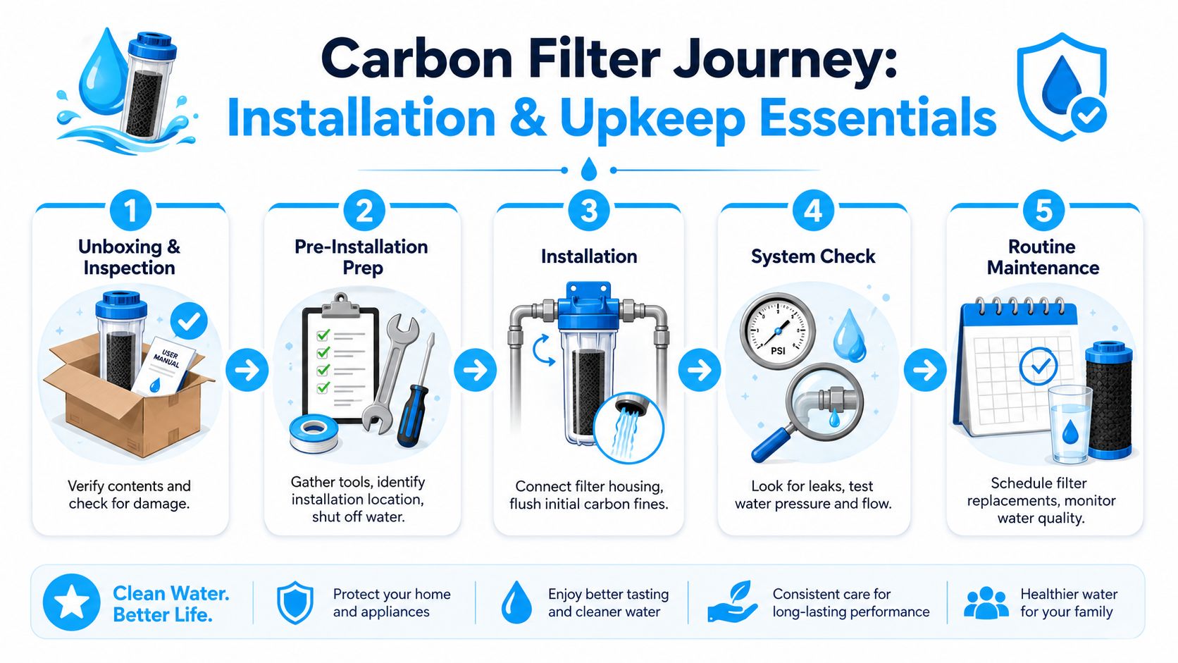 A step-by-step infographic illustrating the installation and maintenance process for a residential carbon water filter system.
