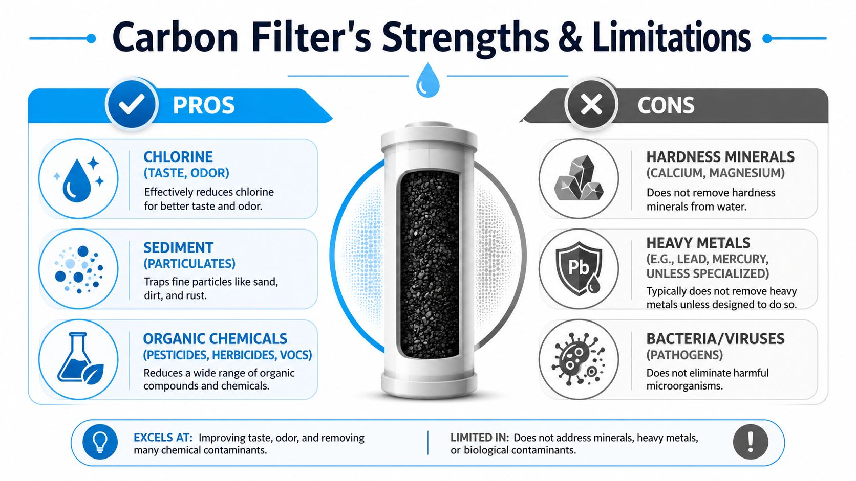 An infographic showing the pros and cons of using carbon water filters for home water purification.