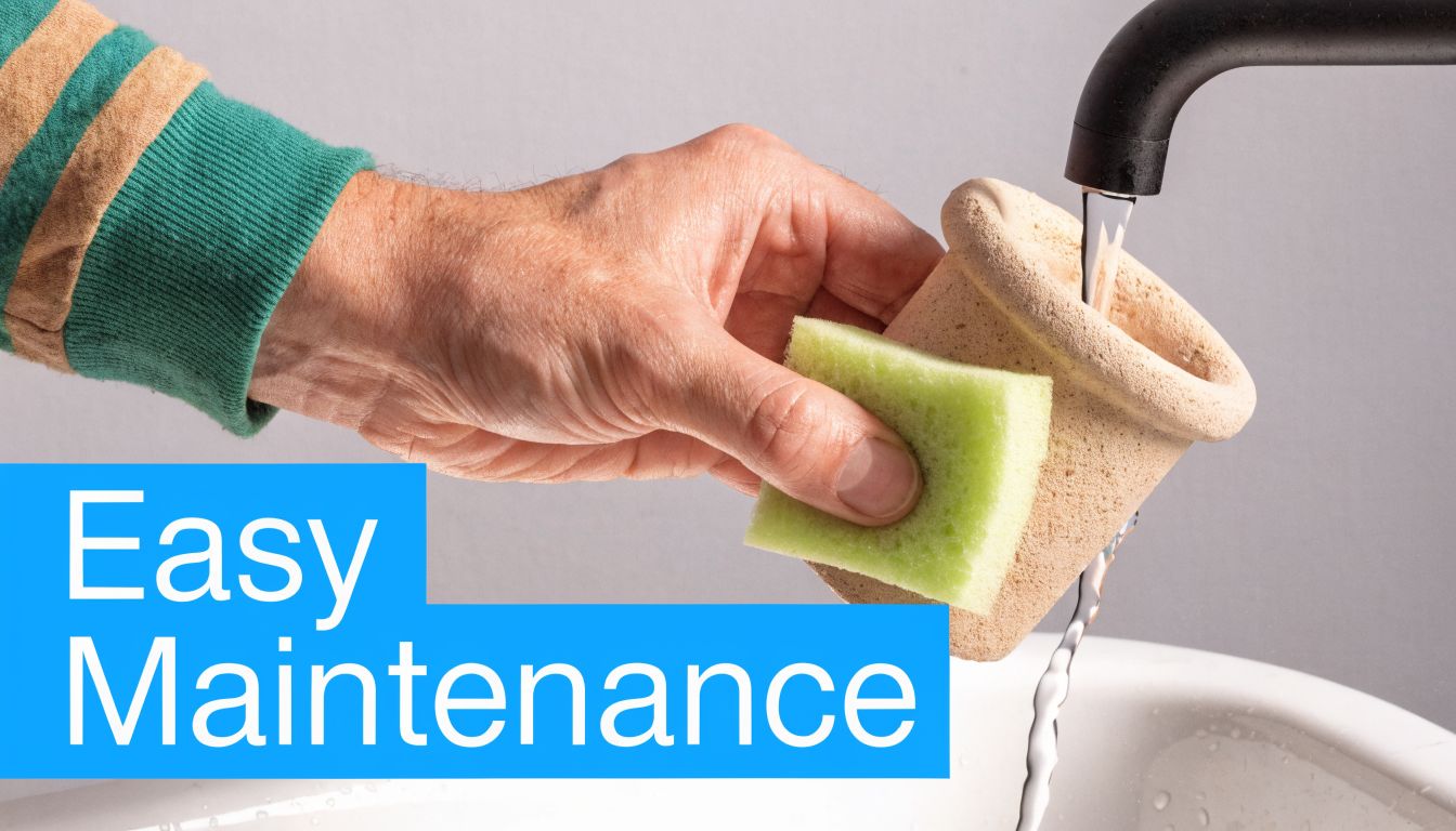 A hand washes a porous ceramic candle water filter element with a sponge under running tap water.
