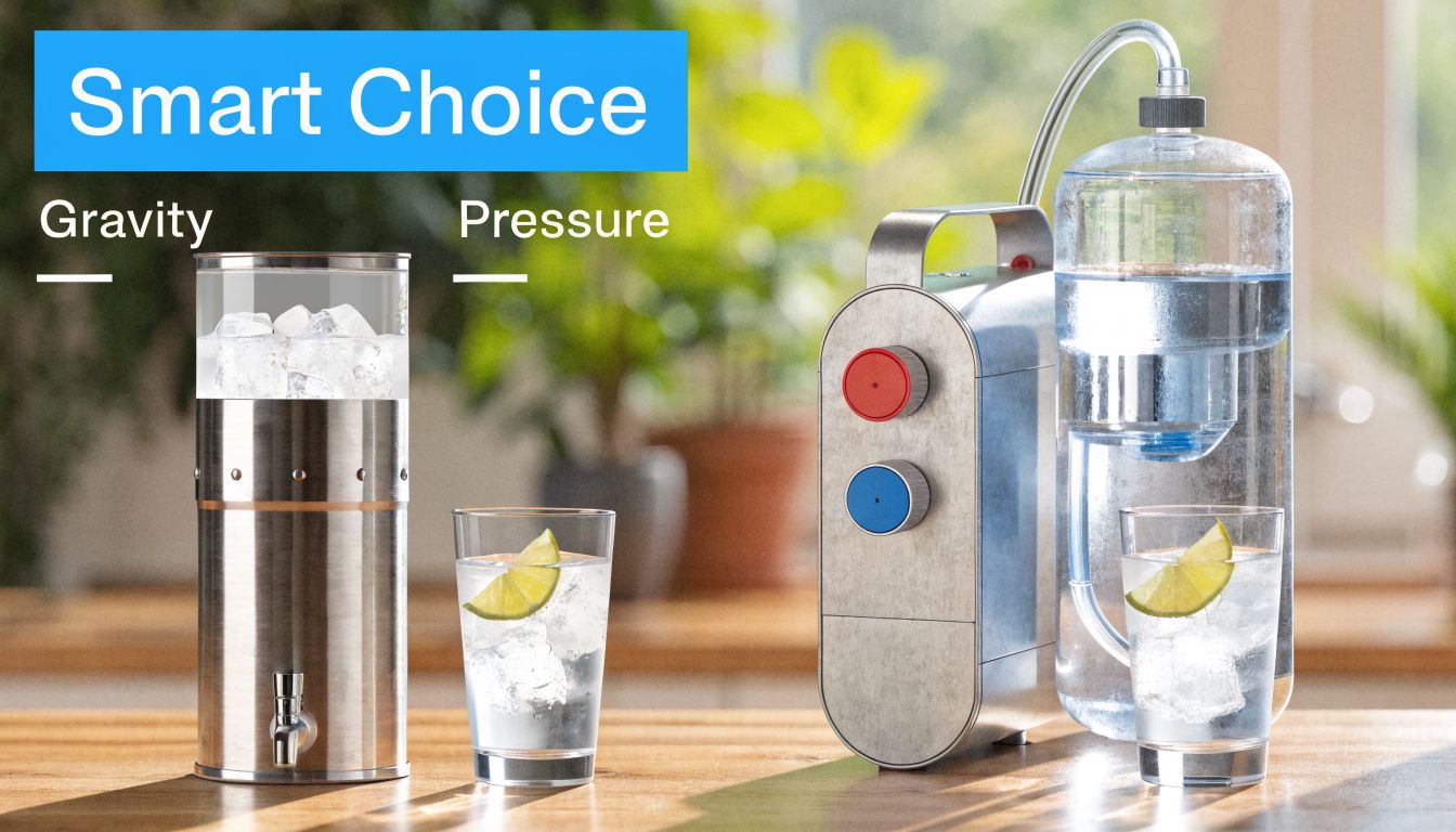 A side-by-side comparison of a gravity-fed water dispenser and a pressure-based water filtration system on a counter.