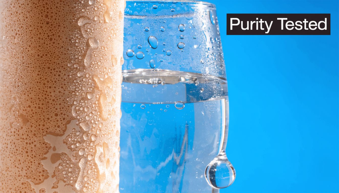 A ceramic candle water filter showing condensation on its textured surface next to a glass of water.