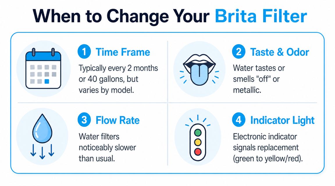 An infographic showing four signs to change your Brita water filter including time, taste, flow, and indicators.