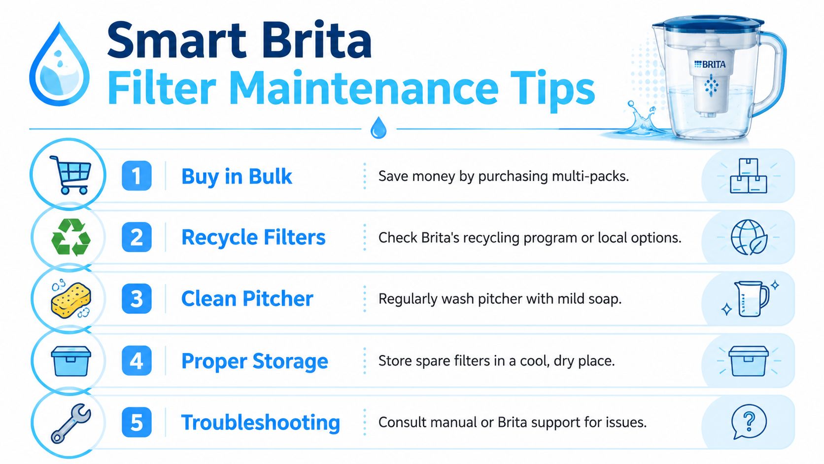 An infographic showing five helpful tips for maintaining a Brita water filter pitcher for optimal performance.