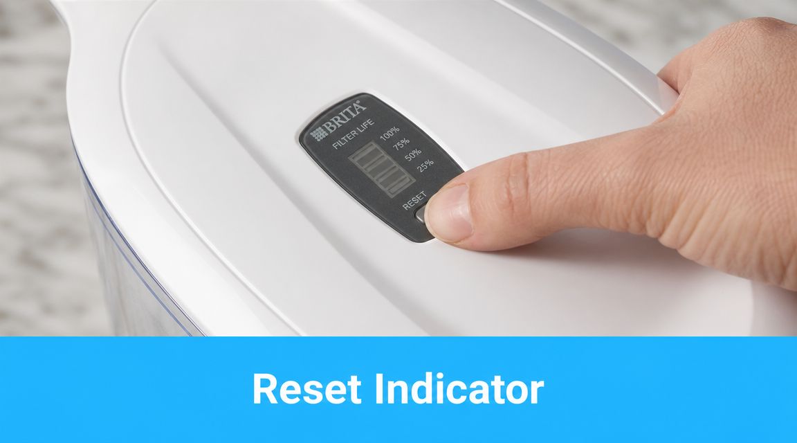 A close-up view of a finger pressing the reset button on a Brita water pitcher indicator.