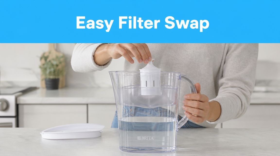A person placing a white replacement water filter into a clear Brita water pitcher on a counter.