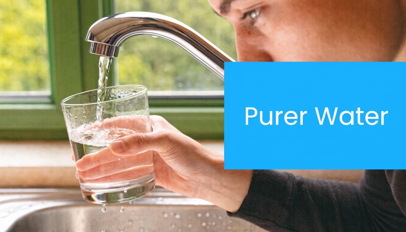 A person holding a glass under a kitchen faucet to fill it with clear, fresh water.