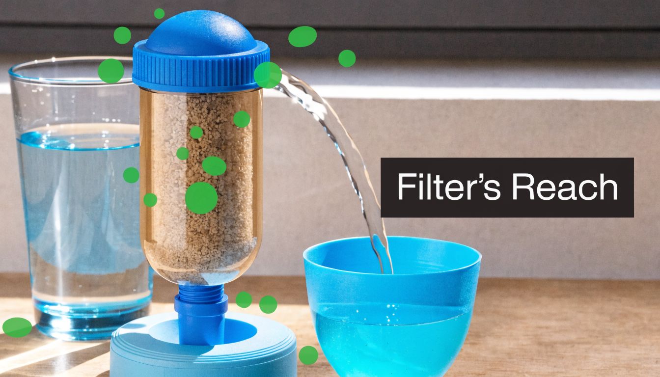A water filtration device pouring clean water into a blue cup next to a glass of water.