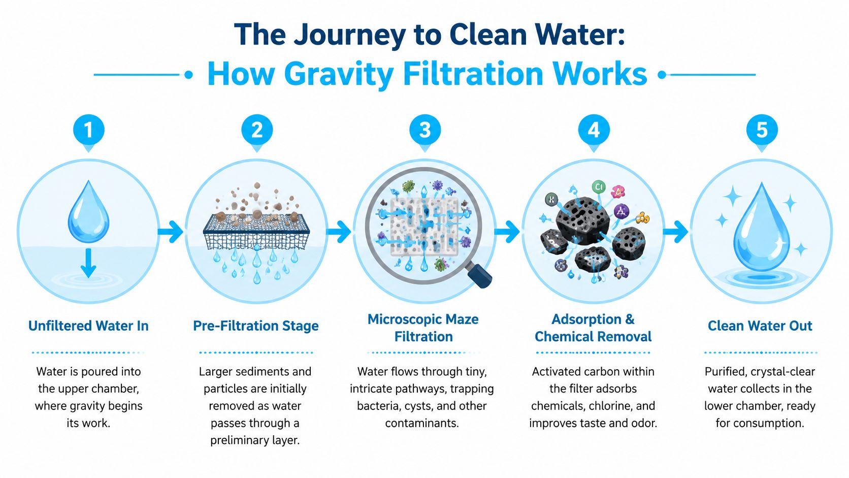 A diagram illustrating the five-step gravity water filtration process from unfiltered input to clean drinking water output.