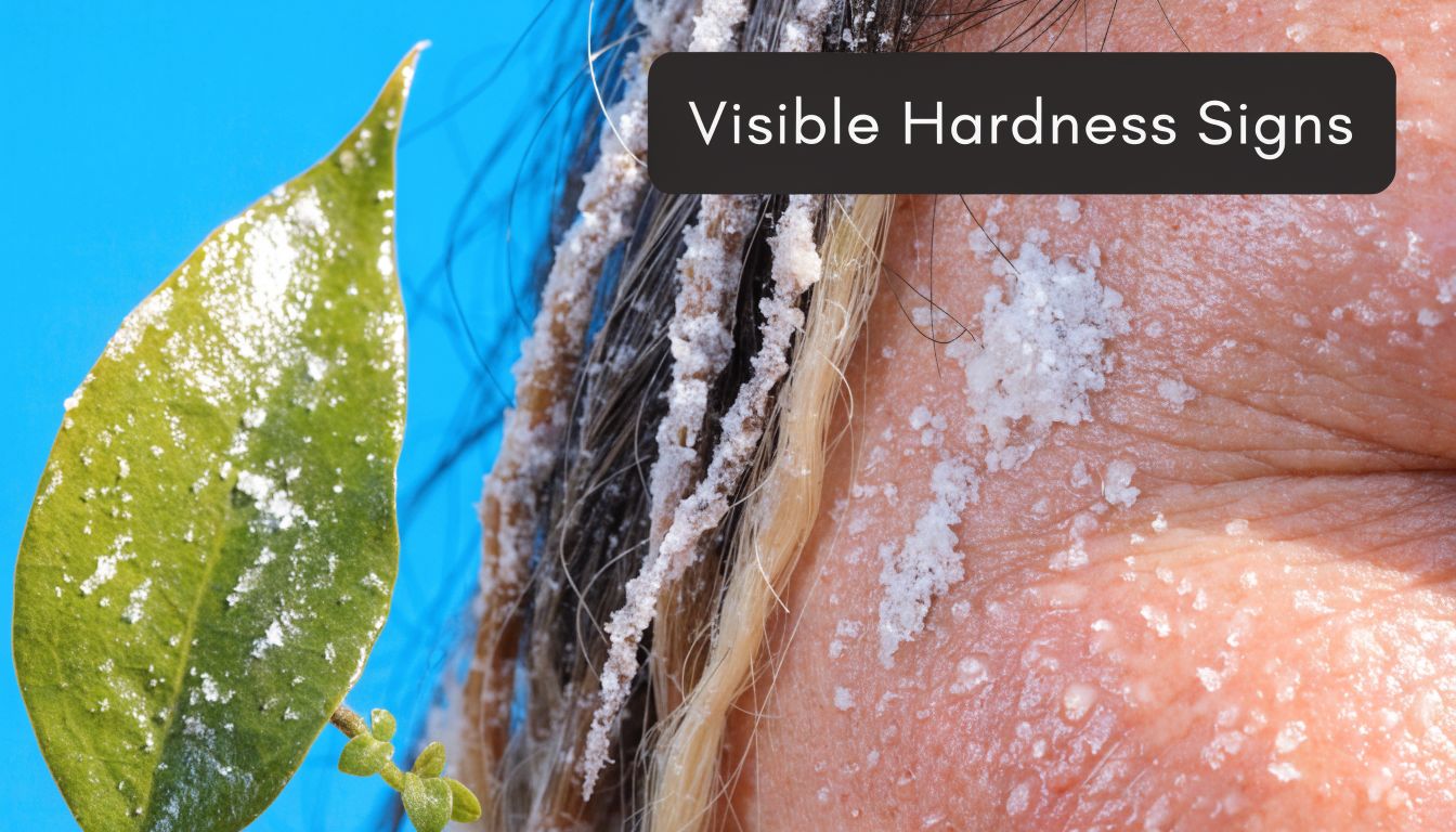 A close-up view showing mineral buildup from hard water on human skin and hair strands.